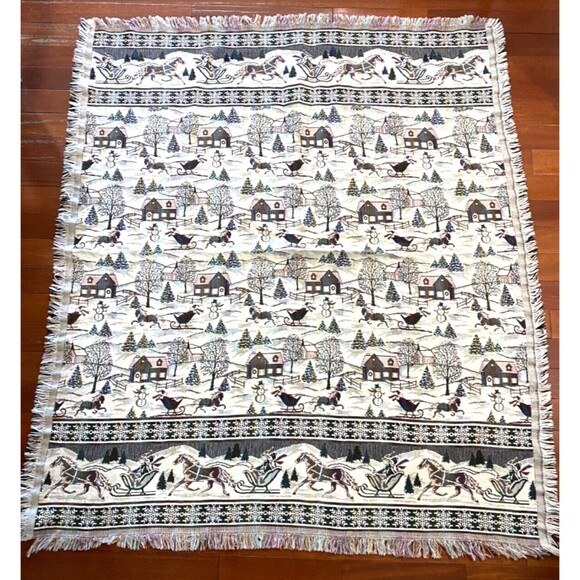 Christmas Holiday Wall Tapestry Throw Blanket Winter Sleigh Snow Man CottageCore - Picture 1 of 6
